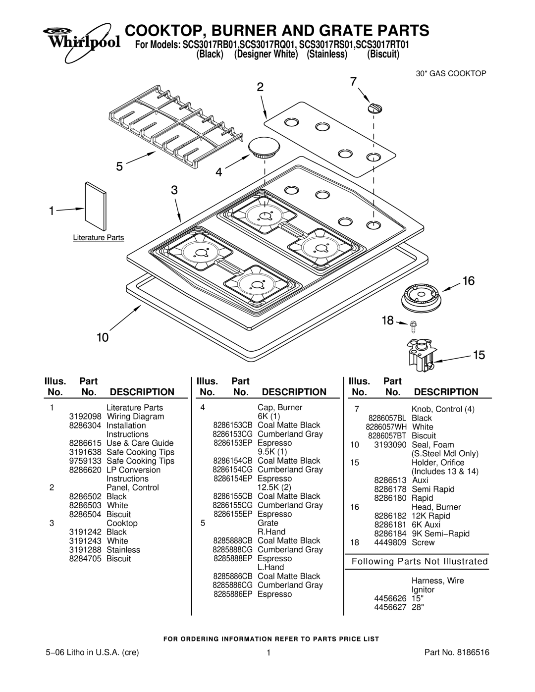 Whirlpool SCS3017RT01 installation instructions COOKTOP, Burner and Grate Parts, Black Designer White Stainless 