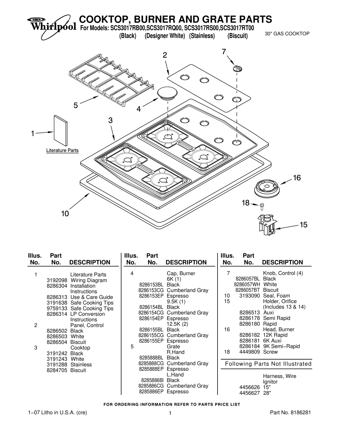 Whirlpool SCS3017RS00, SCS3017RT00 installation instructions COOKTOP, Burner and Grate Parts, Biscuit, Description 