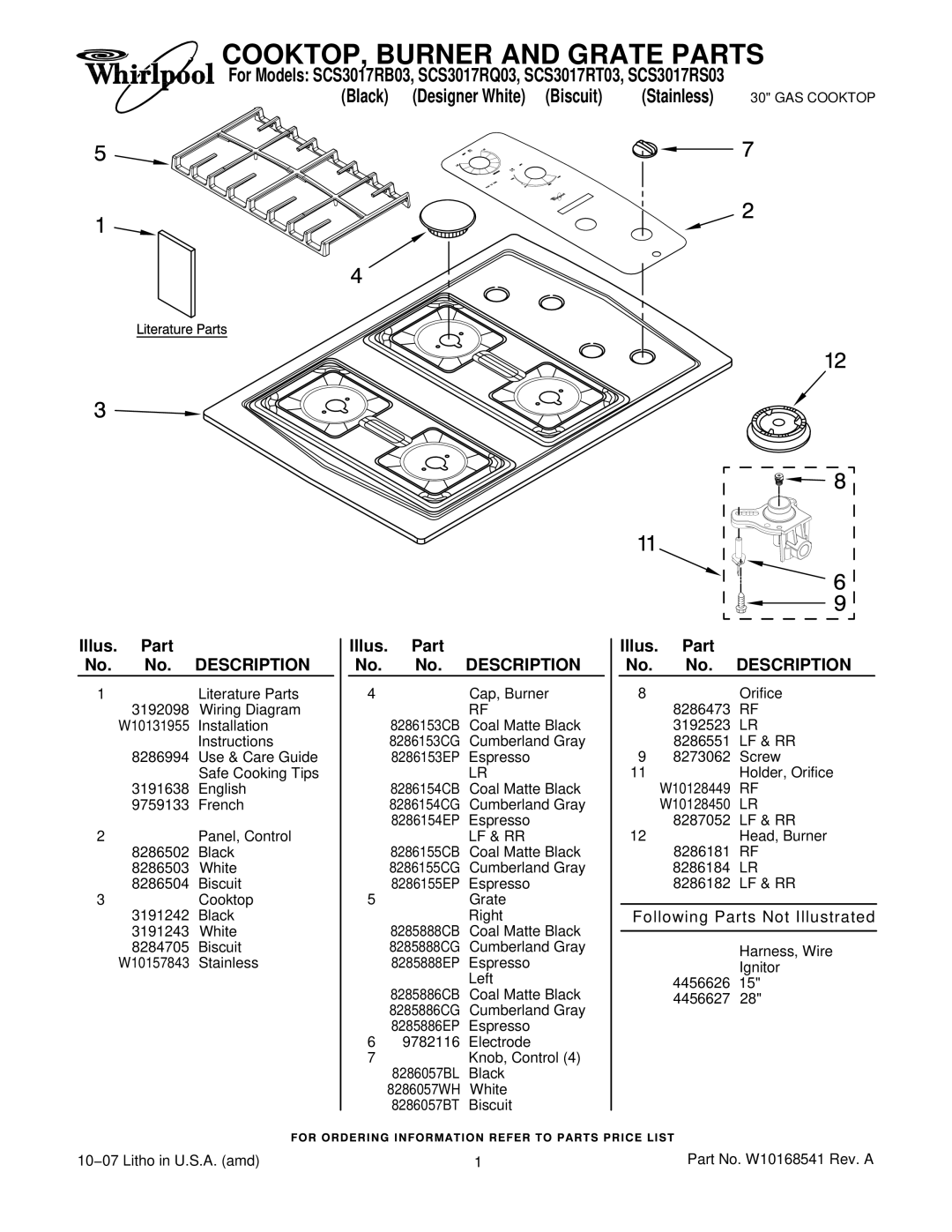 Whirlpool SCS3017RS03 installation instructions COOKTOP, Burner and Grate Parts, Black Designer White Biscuit Stainless 