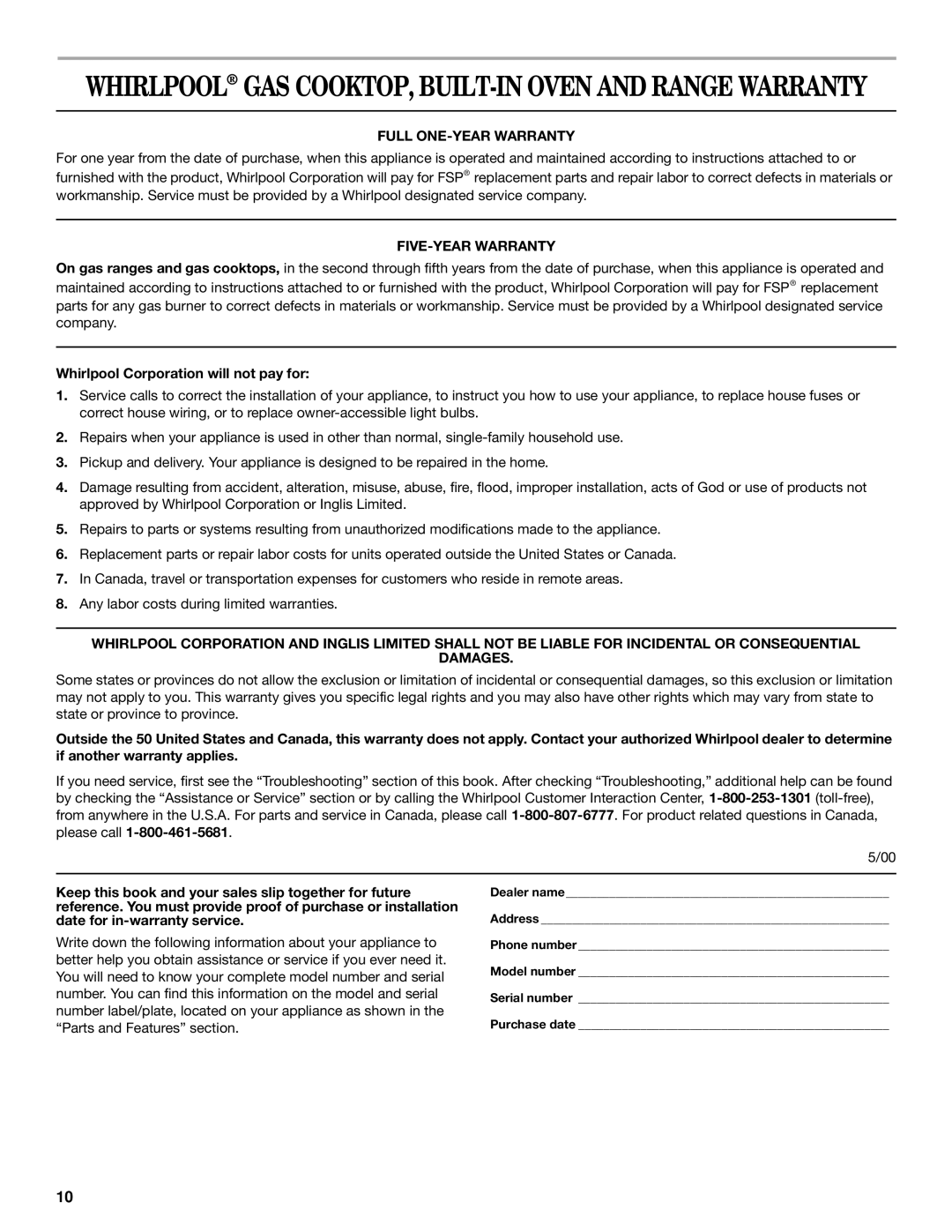 Whirlpool SCS3614, SCS3014, GLT3014 manual Full ONE-YEAR Warranty, FIVE-YEAR Warranty, Whirlpool Corporation will not pay for 