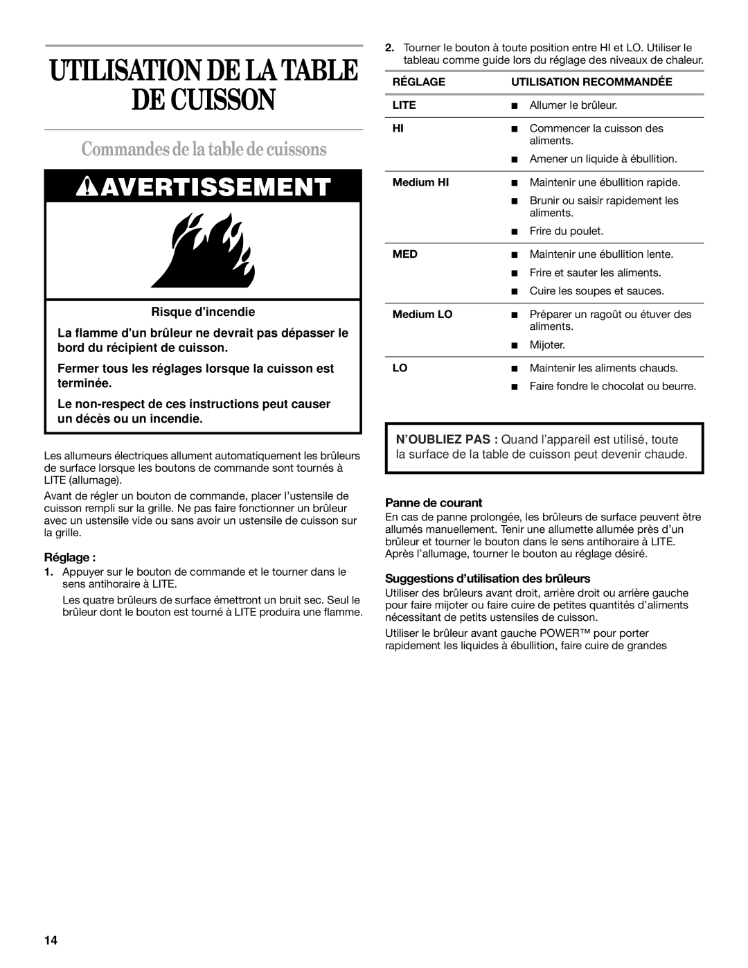 Whirlpool GLT3614, SCS3614, SCS3014, GLT3014 manual DE Cuisson, Commandes de la table de cuissons, Réglage, Panne de courant 