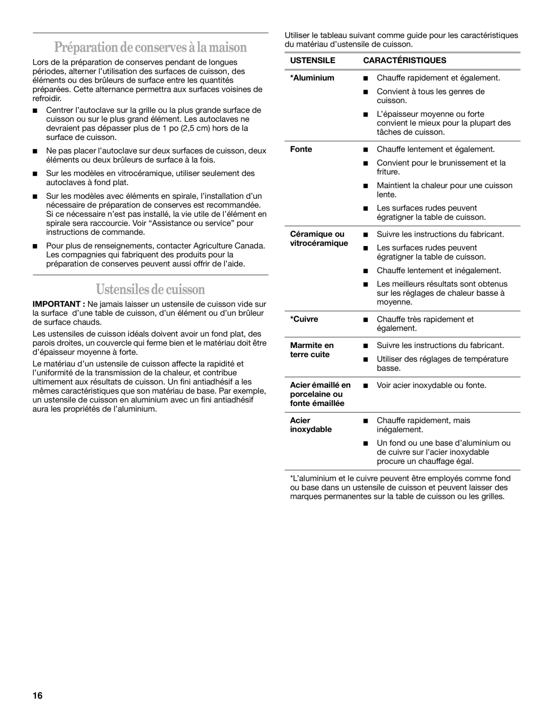 Whirlpool SCS3014, SCS3614, GLT3014 Préparation de conservesà la maison, Ustensiles de cuisson, Ustensile Caractéristiques 