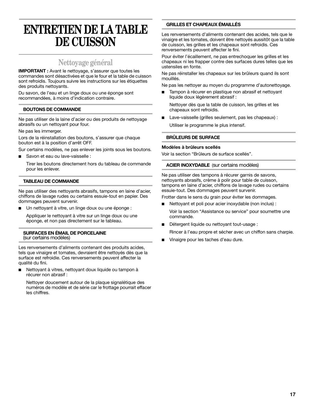 Whirlpool GLT3014, SCS3614, SCS3014, GLT3615, GLT3614 manual Nettoyage général 