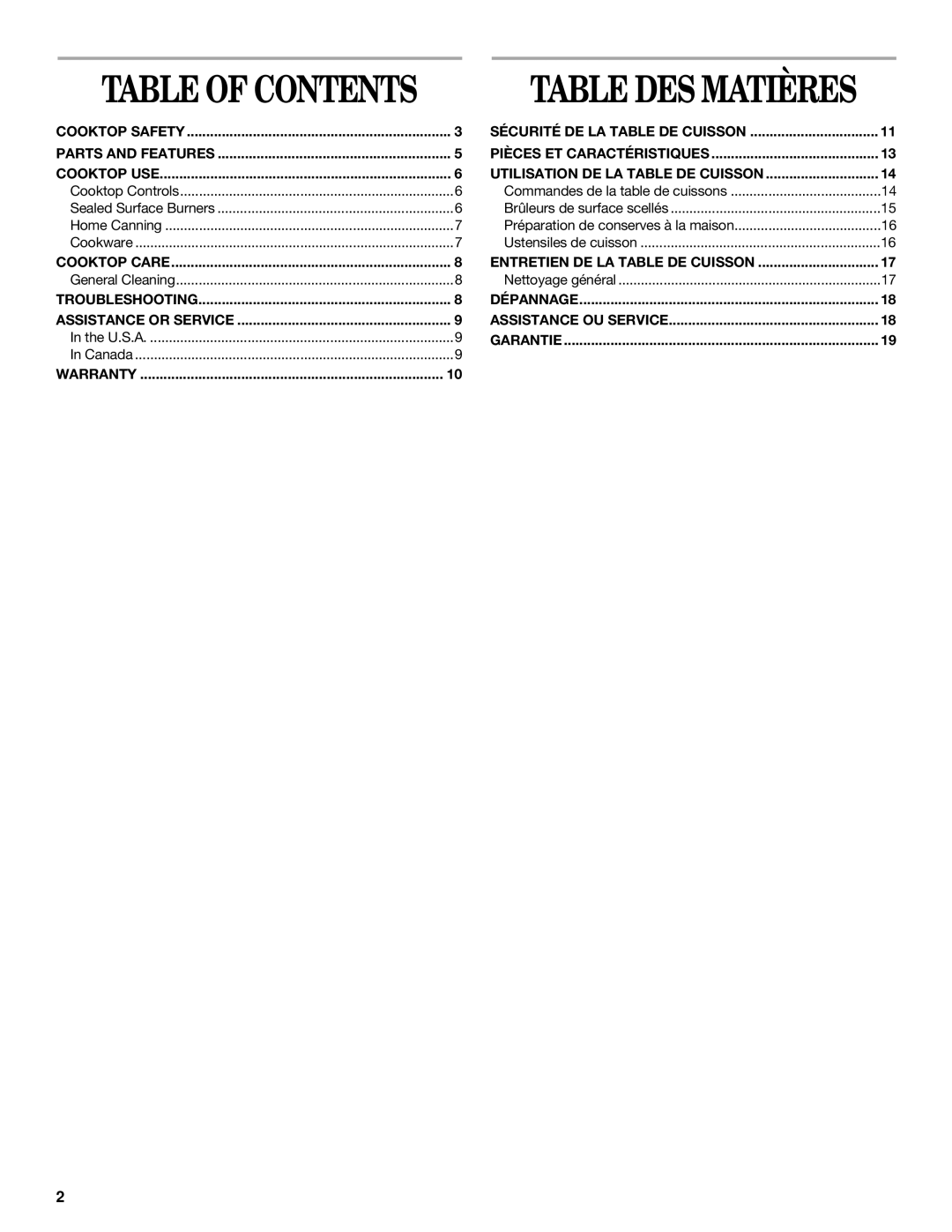 Whirlpool GLT3014, SCS3614, SCS3014, GLT3615, GLT3614 manual Table of Contents Table DES Matières 