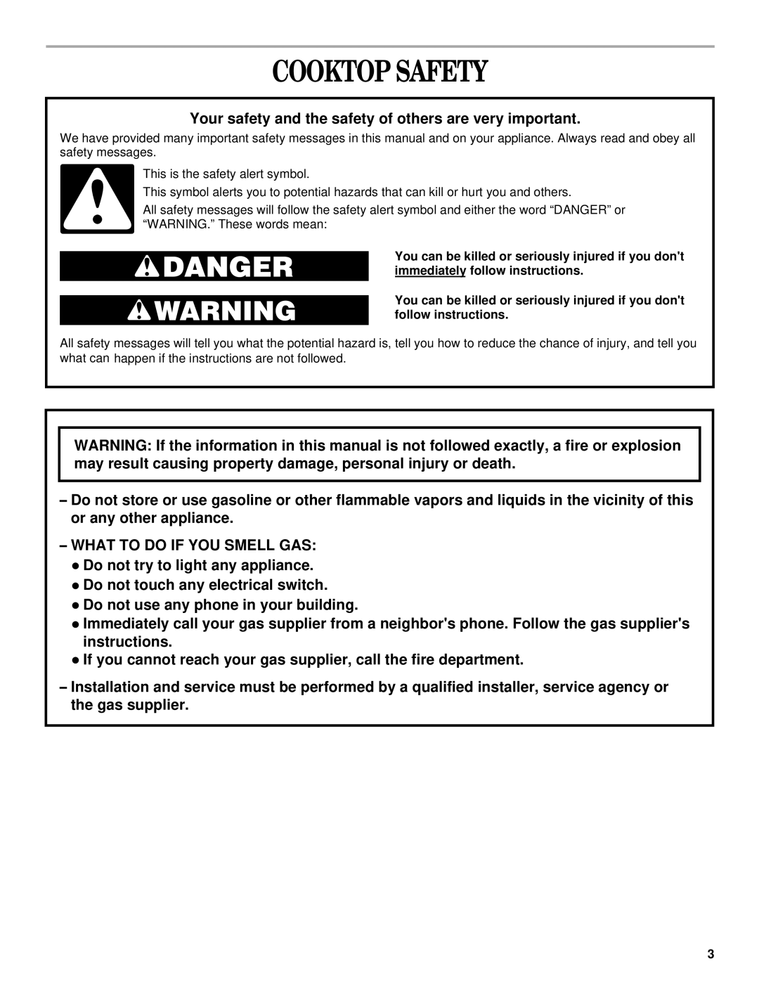 Whirlpool GLT3615, SCS3614, SCS3014, GLT3014, GLT3614 Cooktop Safety, Your safety and the safety of others are very important 