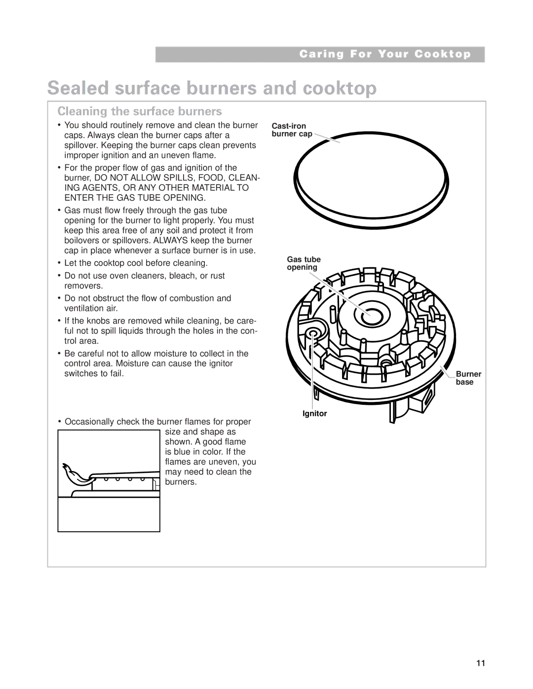 Whirlpool SCS3014G, SCS3614G, SCS3004G, GLT3014G, GLT3614G Sealed surface burners and cooktop, Cleaning the surface burners 