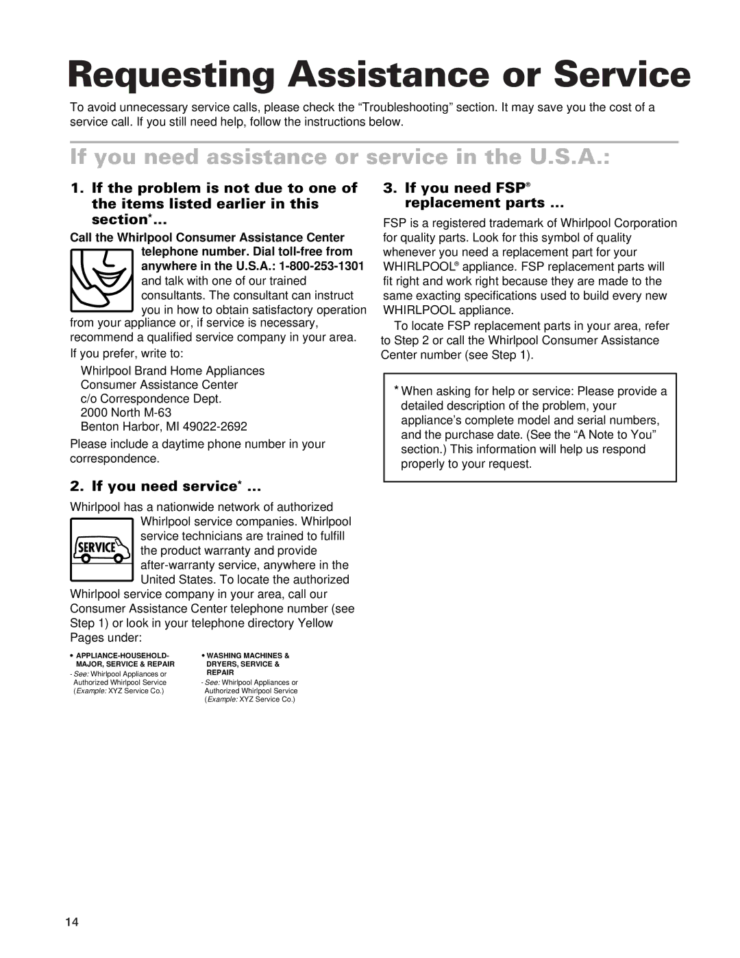 Whirlpool GLT3614G, SCS3614G, SCS3014G Requesting Assistance or Service, If you need assistance or service in the U.S.A 