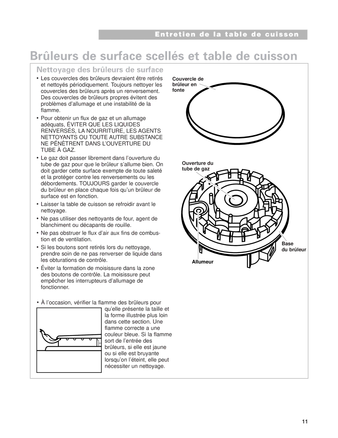 Whirlpool SCS3004G, SCS3614G, SCS3014G Brûleurs de surface scellés et table de cuisson, Nettoyage des brûleurs de surface 