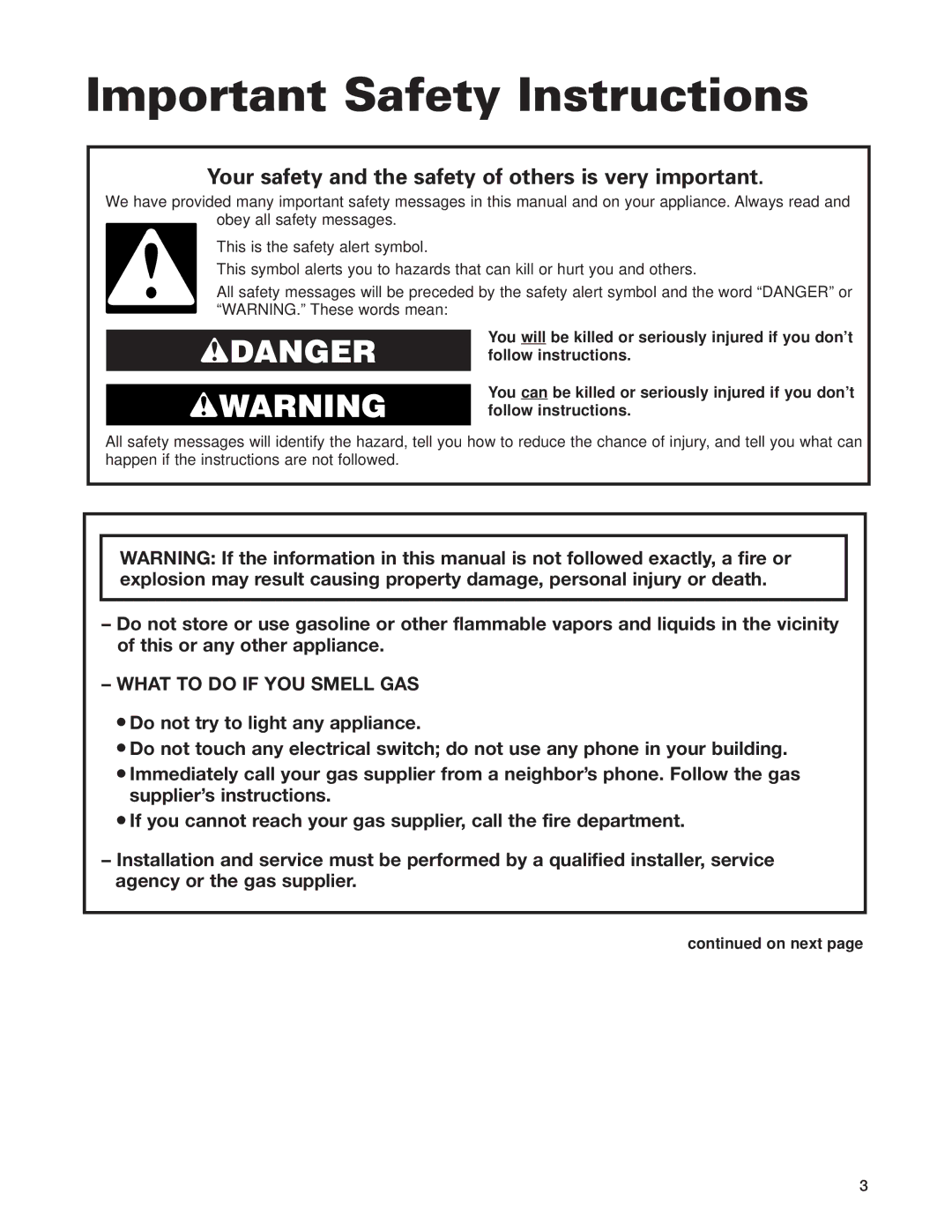 Whirlpool GLT3014G Important Safety Instructions, Your safety and the safety of others is very important, On next 