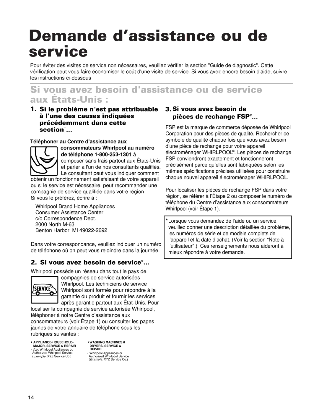 Whirlpool SCS3614G, SCS3014G, SCS3004G Demande d’assistance ou de service, Si vous avez besoin de pièces de rechange FSP… 