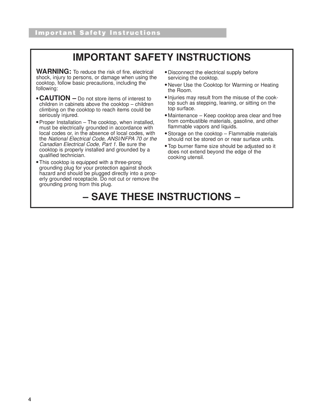 Whirlpool GLT3614G, SCS3614G, SCS3014G, SCS3004G, GLT3014G important safety instructions Important Safety Instructions 