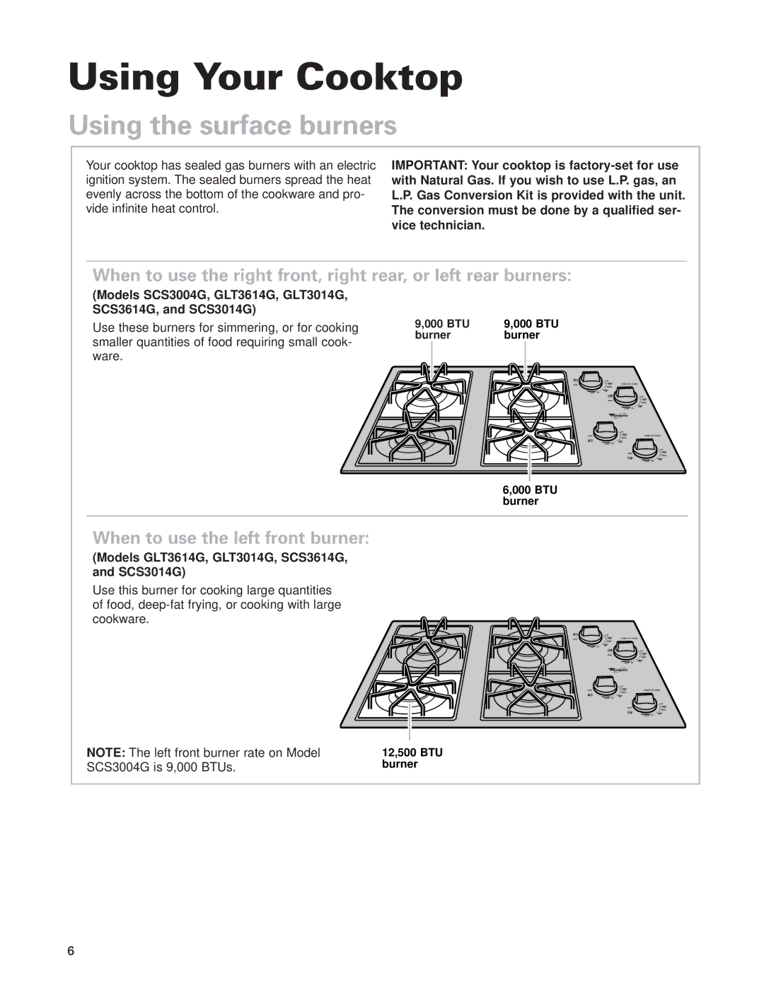 Whirlpool SCS3014G, SCS3614G, SCS3004G Using Your Cooktop, Using the surface burners, When to use the left front burner 