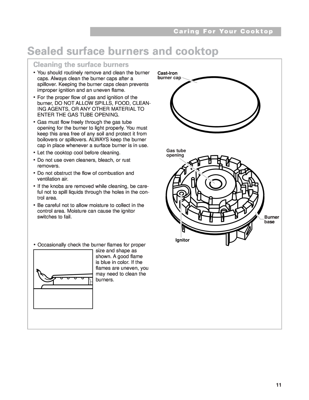 Whirlpool SCS3014G, SCS3614G Sealed surface burners and cooktop, Cleaning the surface burners, Caring For Your Cooktop 