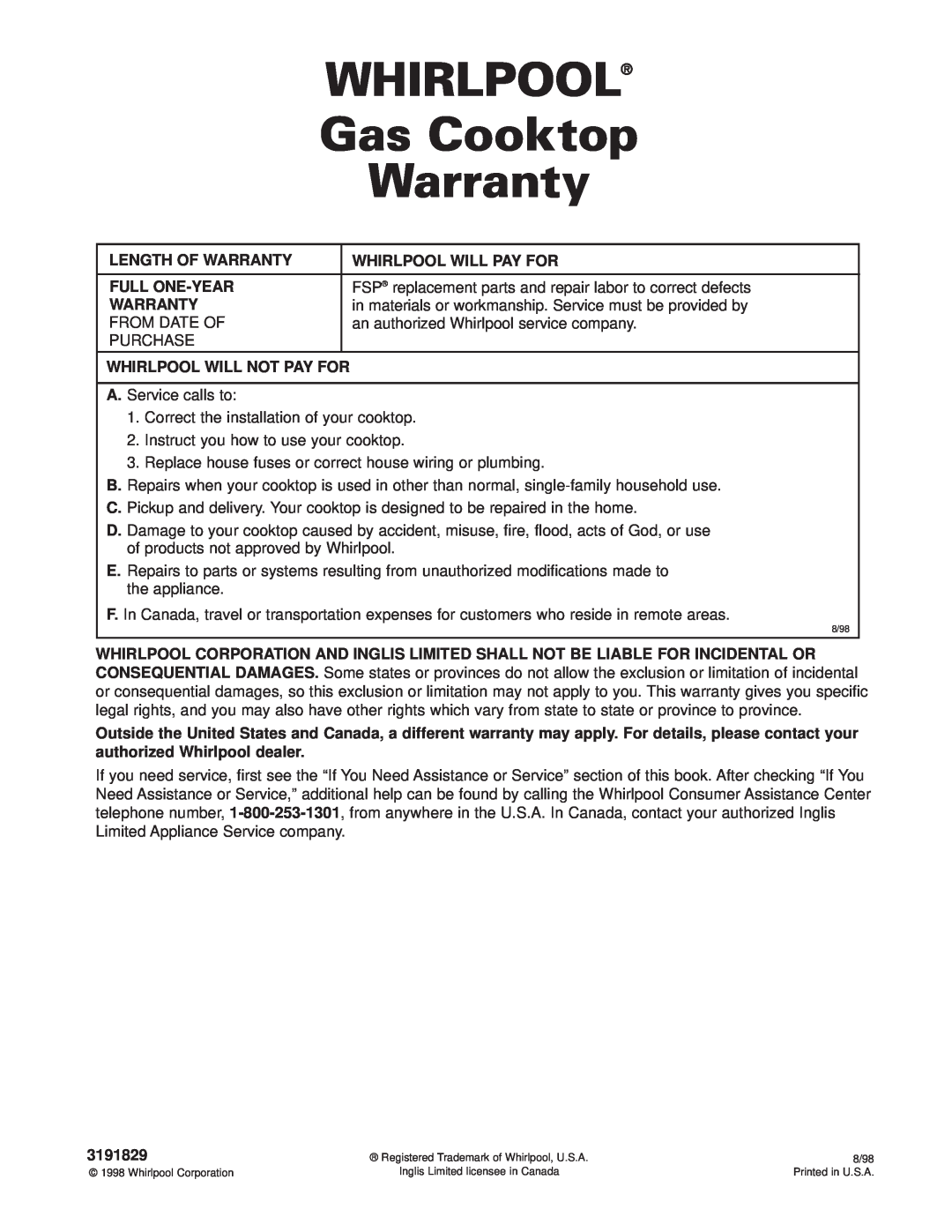 Whirlpool SCS3014G, SCS3614G, SCS3004G, GLT3014G, GLT3614G important safety instructions Whirlpool, Gas Cooktop, Warranty 