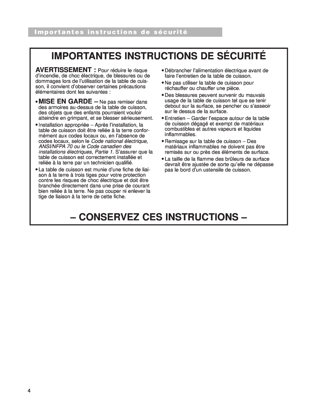 Whirlpool SCS3614G Importantes Instructions De Sécurité, Conservez Ces Instructions, Importantes instructions de sécurité 