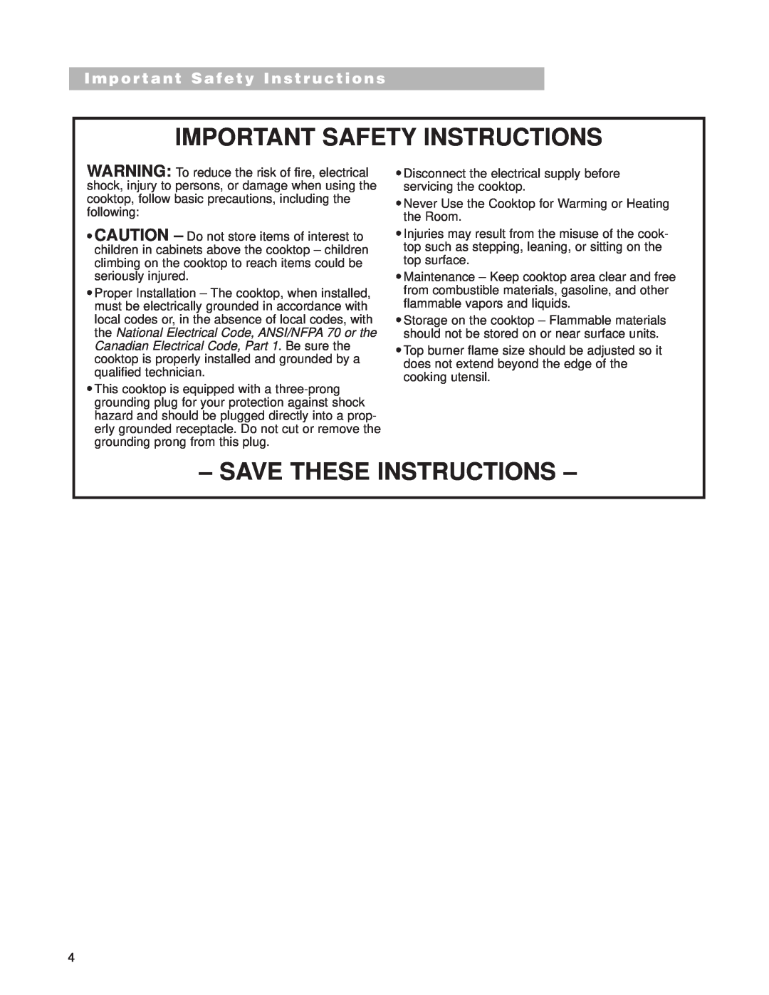 Whirlpool GLT3614G, SCS3614G, SCS3014G, SCS3004G, GLT3014G Important Safety Instructions, Save These Instructions 