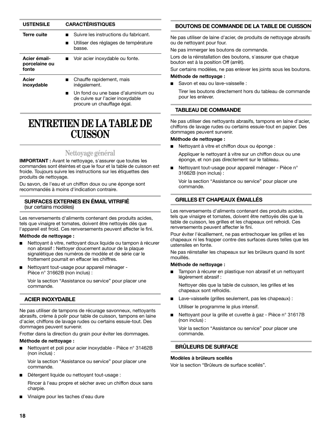 Whirlpool SCS3617, SCS3017, GLT3657 manual Cuisson, Nettoyagegénéral 