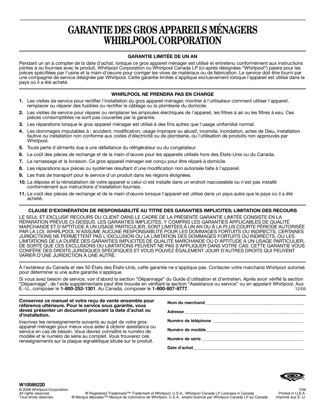 Whirlpool GLT3657 manual Garantie DES Gros Appareils Ménagers Whirlpool Corporation, Garantie Limitée DE UN AN, W10086220 