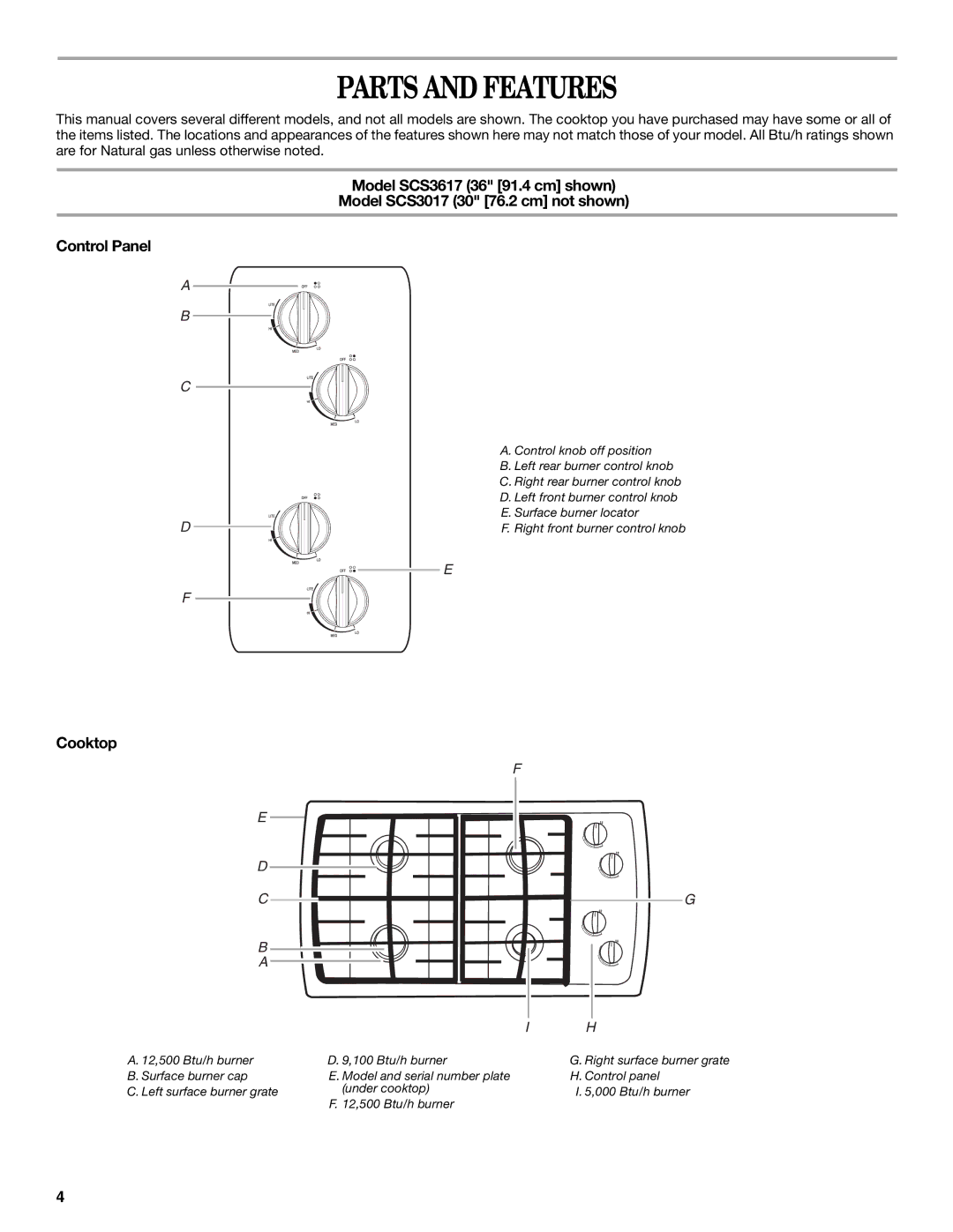 Whirlpool SCS3017, SCS3617, GLT3657 manual Parts and Features, Cooktop 