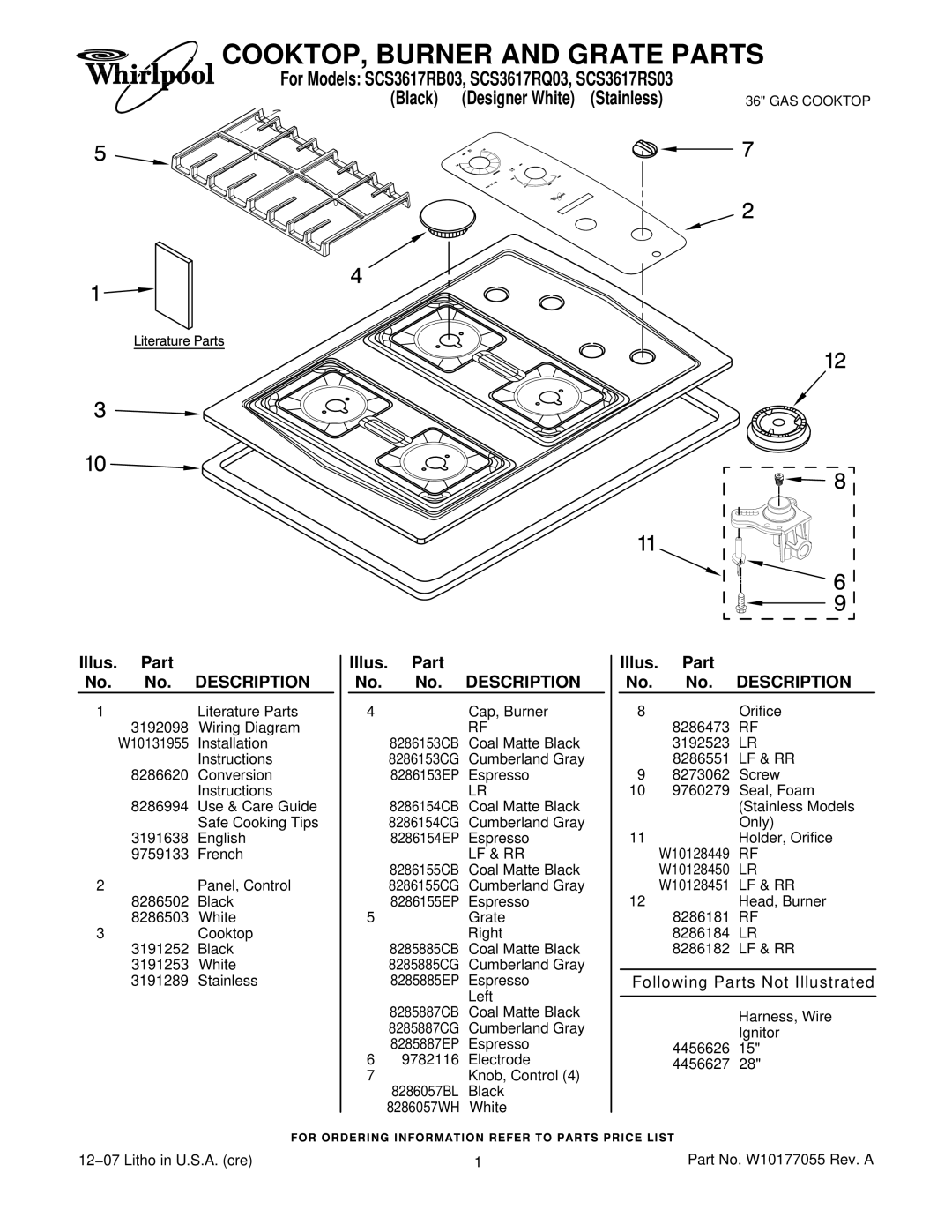 Whirlpool SCS3617RS03 installation instructions COOKTOP, Burner and Grate Parts, Illus Part, Description, Lf & Rr 