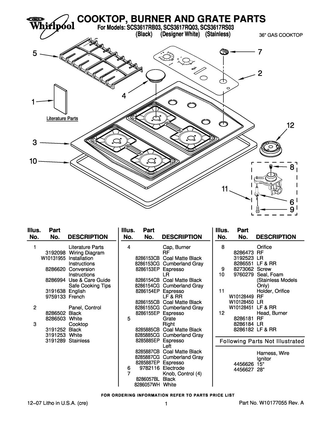 Whirlpool SCS3617RS03, SCS3617RB03 installation instructions Cooktop, Burner And Grate Parts, Illus, Description 