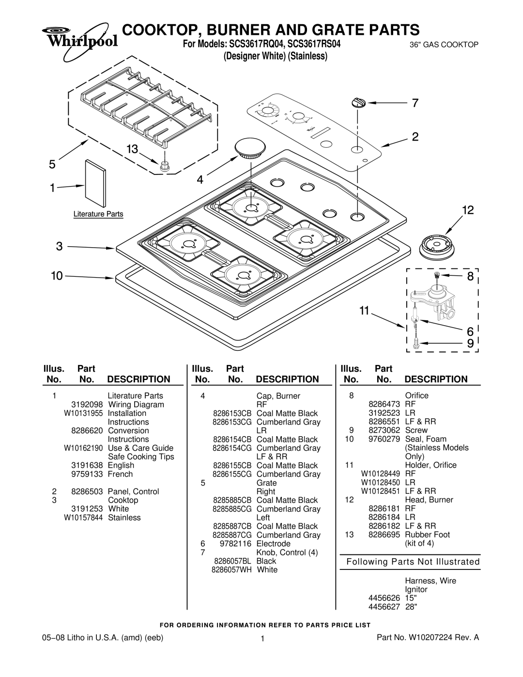 Whirlpool SCS3617RS04, SCS3617RQ04 installation instructions COOKTOP, Burner and Grate Parts, Illus Part, Description 