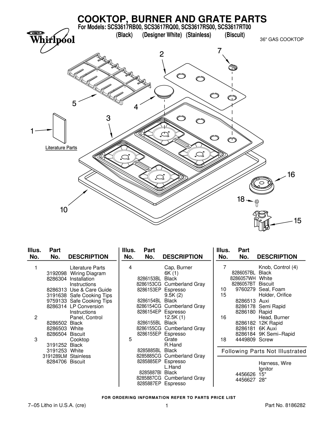 Whirlpool SCS3617RQ00 installation instructions COOKTOP, Burner and Grate Parts, Designer White Stainless, Illus Part 