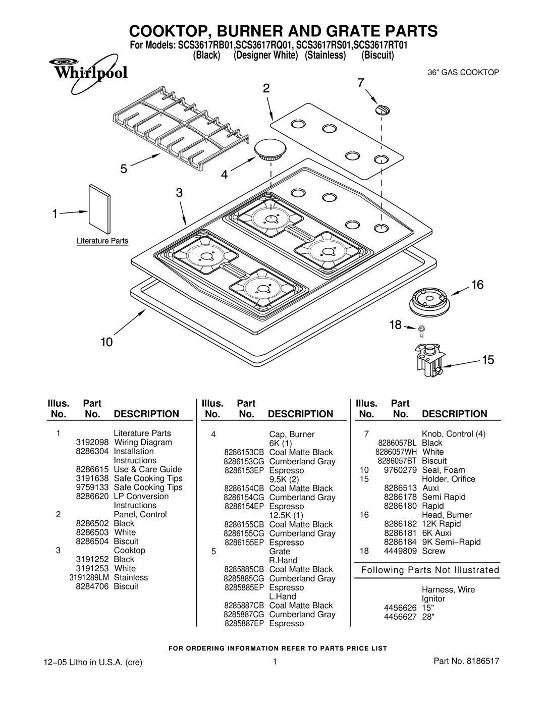 Whirlpool SCS3617RS01 installation instructions COOKTOP, Burner and Grate Parts, Illus. Part No. No. Description 