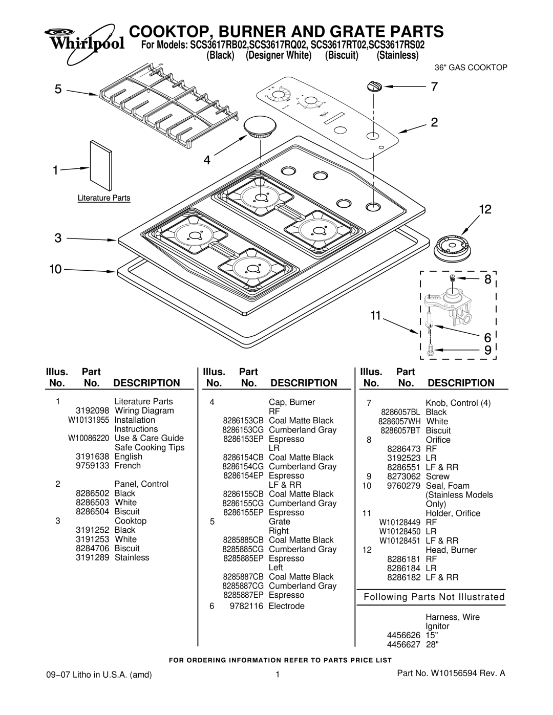 Whirlpool SCS3617RQ02, SCS3617RT02 installation instructions COOKTOP, Burner and Grate Parts, Biscuit, Illus Part 