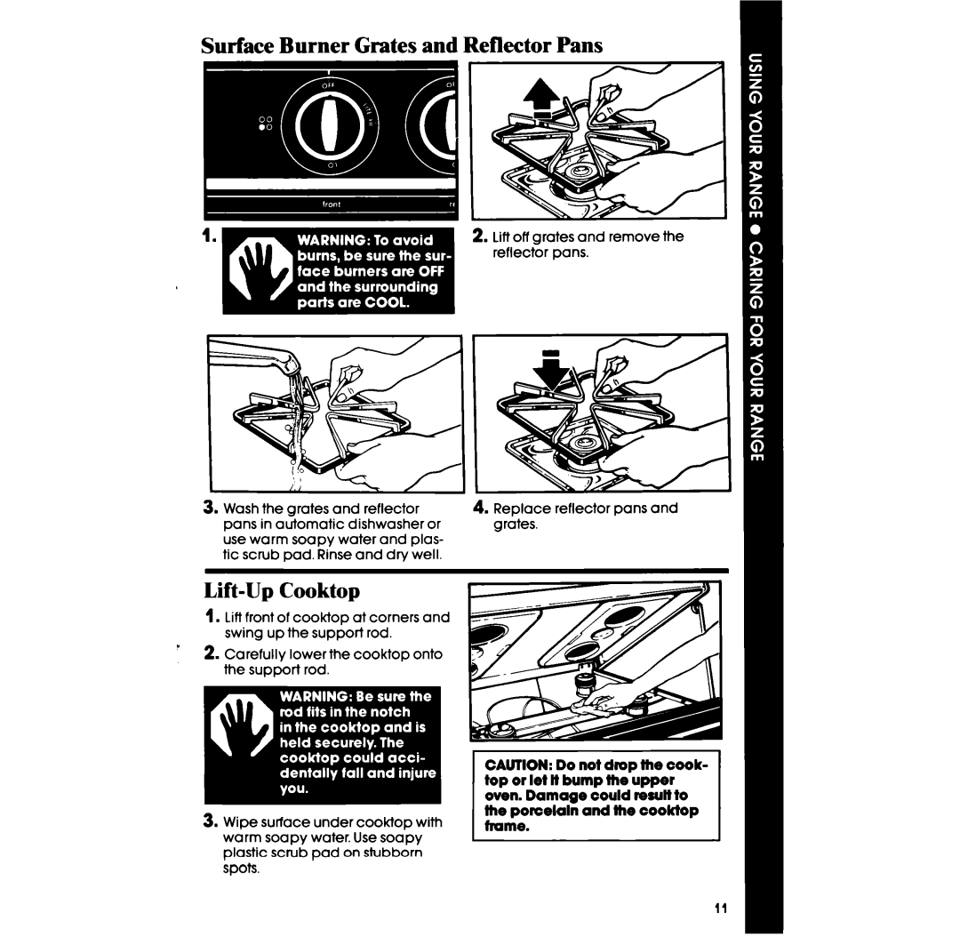 Whirlpool SE950PER manual Surface Burner Grates and Reflector Pans, Lift-Up Cooktop 