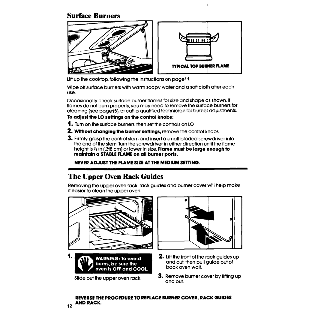 Whirlpool SE950PER manual Surface Burners, Upper Oven Rack Guides, To adjust the LO settings on the control knobs 