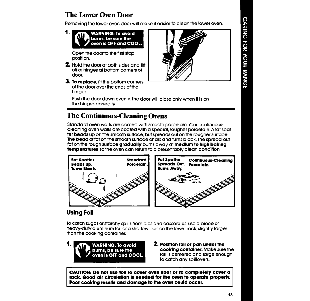 Whirlpool SE950PER manual Lower Oven Door, Continuous-Cleaning Ovens, Using Foil 