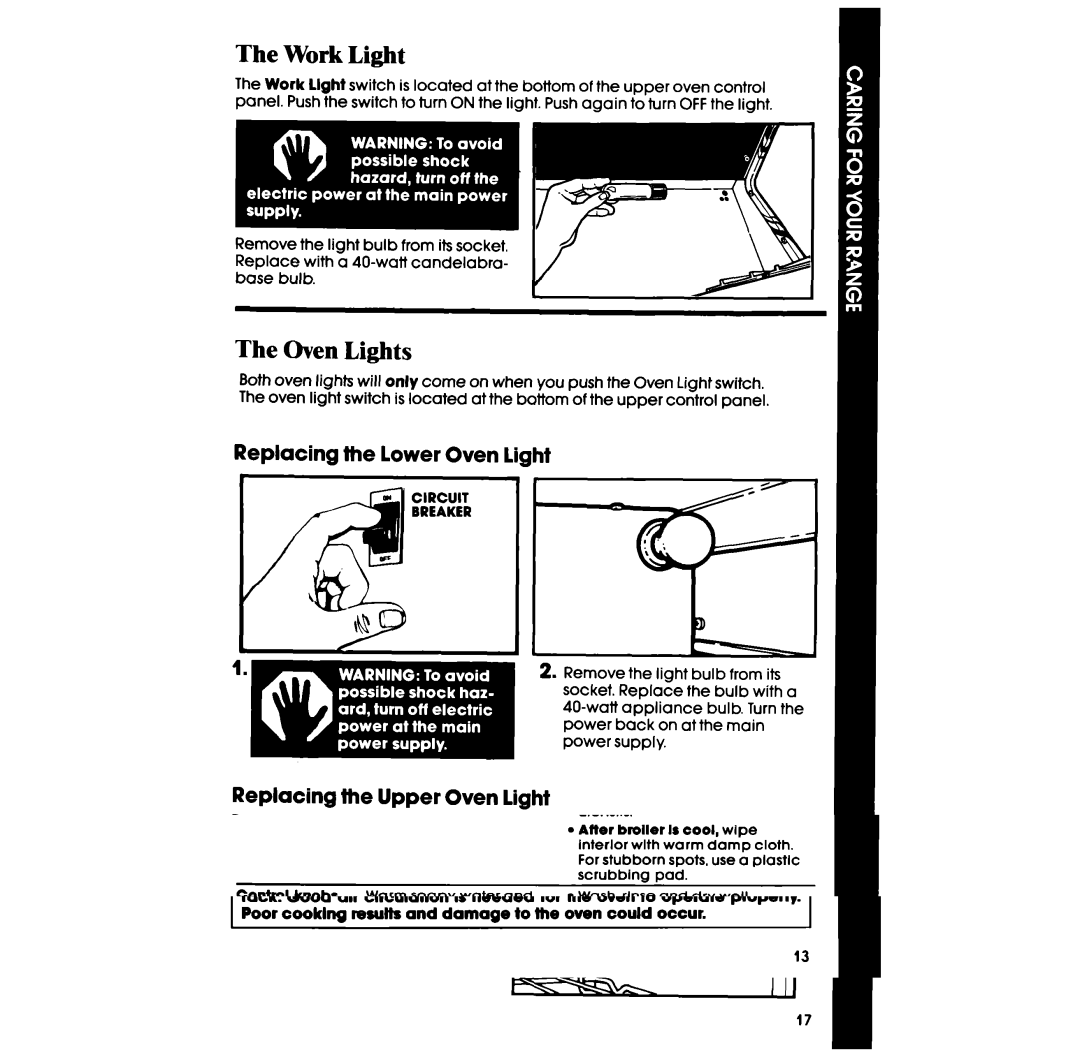 Whirlpool SE950PER manual Work Light, Oven Lights, Replacing the lower Oven light, Replacing the Upper Oven light 