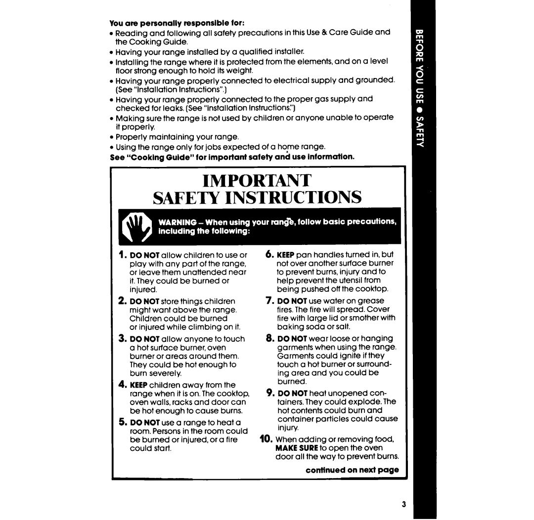 Whirlpool SE950PER manual Safety Instructions, You are personally responsible for, continued on next page 