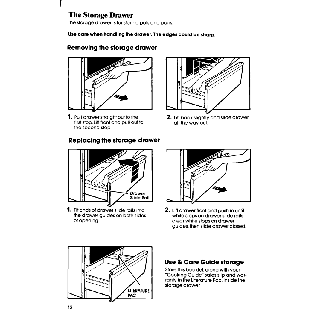 Whirlpool SE960PEP Storage Drawer, Removing the storage drawer, Replacing the storage drawer, Use & Care Guide storage 