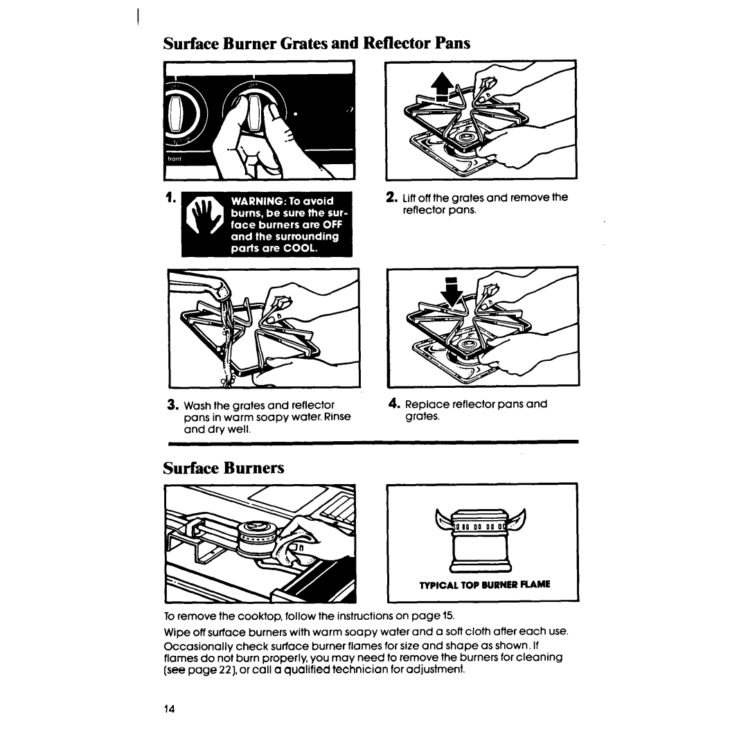 Whirlpool SE960PEP manual Surface Burner Grates and Reflector Pans, Surface Burners 