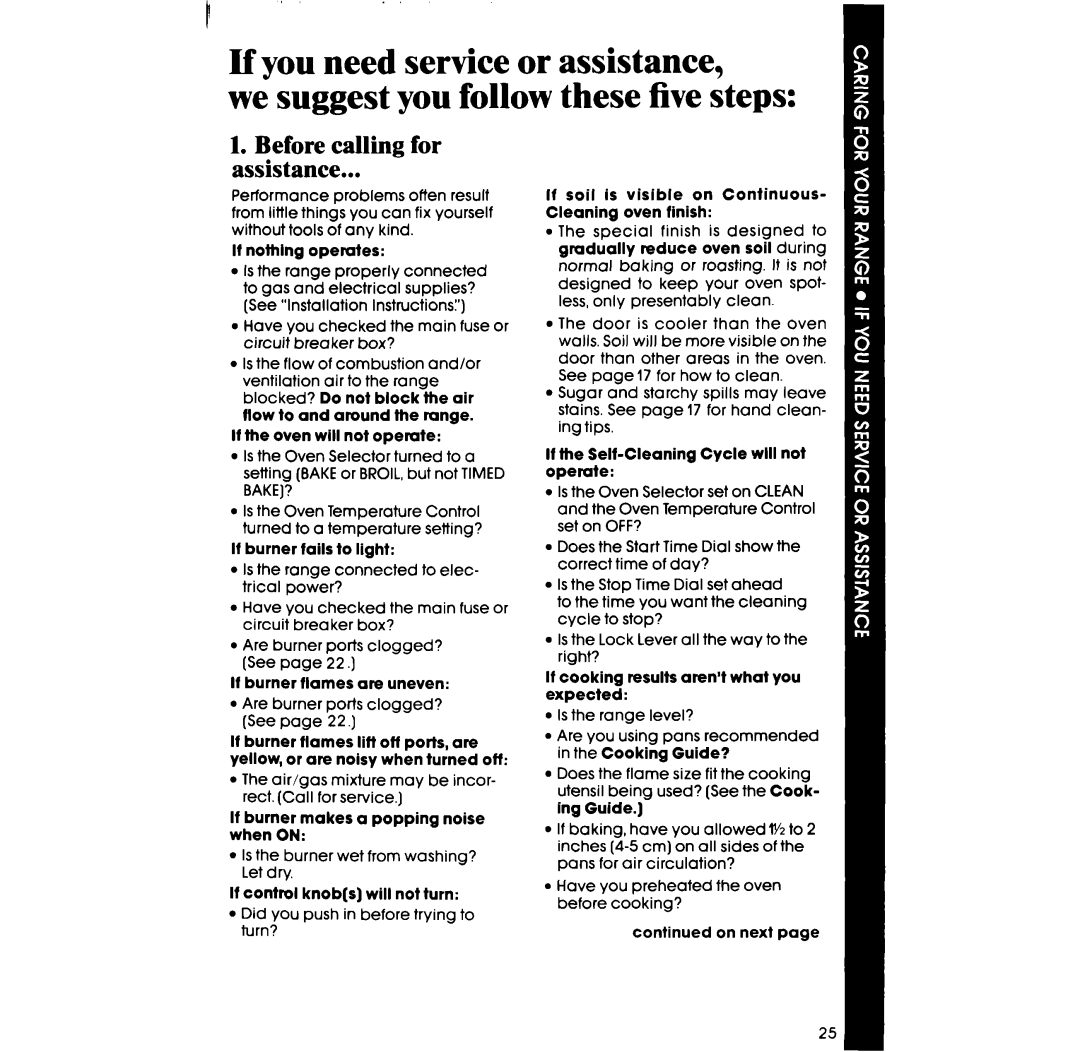 Whirlpool SE960PEP manual Before calling for assistance 