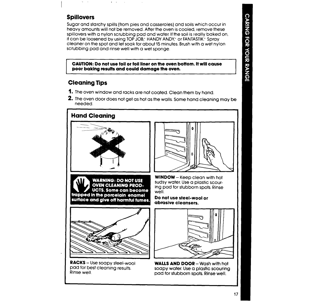 Whirlpool SE960PEP manual I ” “’, Spillovers, Cleaning Tips, iand Cleaning 