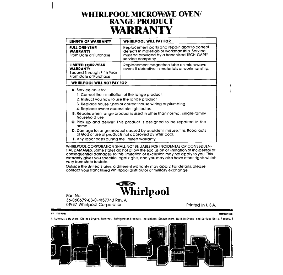 Whirlpool SE960PEP manual W-Ty, TKirlpool, Whirlpool Microwaw Oven Range Product 