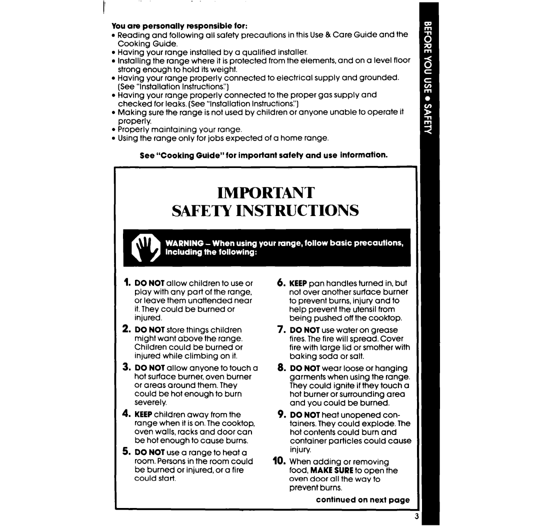 Whirlpool SE960PEP manual Safety Instructions 