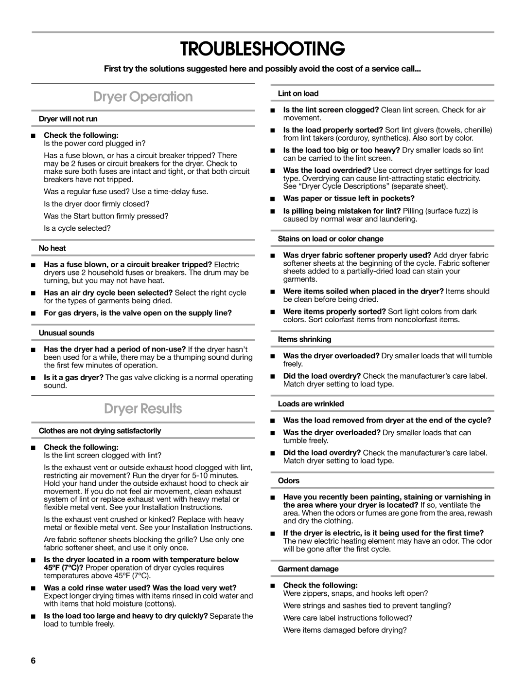 Whirlpool SEDS800MQ0 warranty Troubleshooting, Dryer Operation, Dryer Results 