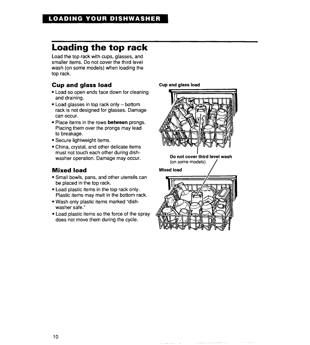 Whirlpool 806, Series 400, 830 warranty Loading the top rack, Cup and glass load 