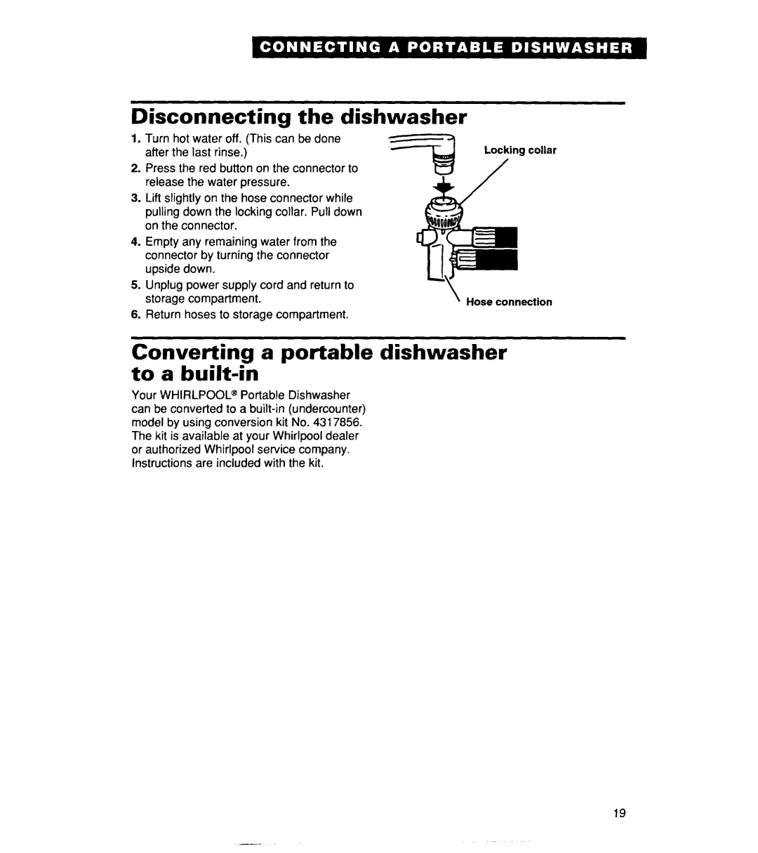 Whirlpool 806, Series 400, 830 warranty Disconnecting the dishwasher, Converting a portable dishwasher to a built-in 