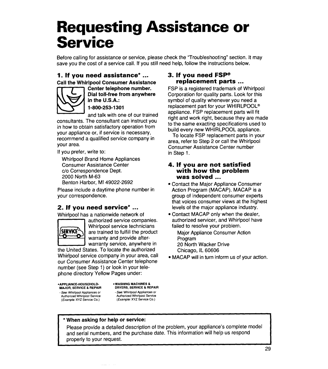 Whirlpool 830, Series 400, 806 Service, If you need assistance, If you need service, If you need FSP@ Replacement parts 