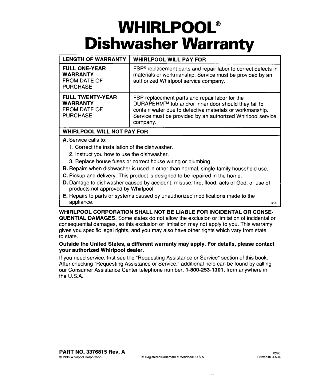 Whirlpool 806, Series 400, 830 warranty Warranty 