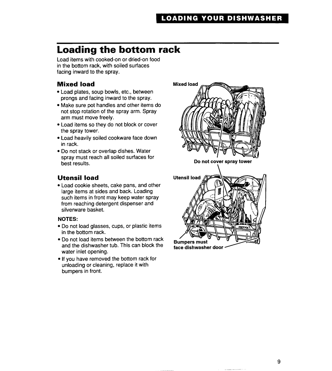 Whirlpool Series 400, 806, 830 warranty Loading the bottom rack, Mixed load, Utensil load 