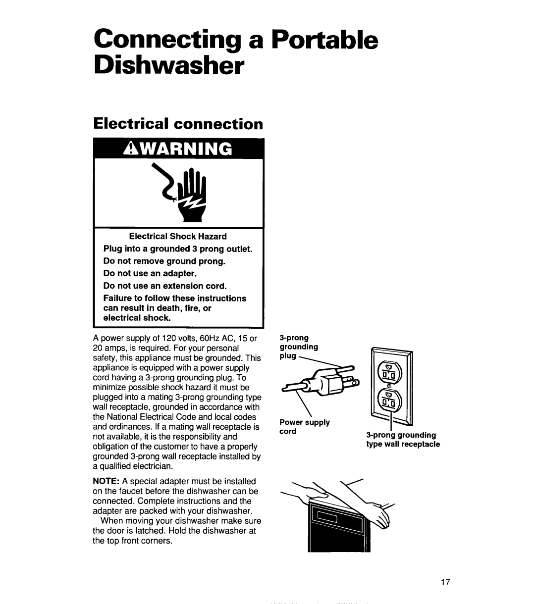 Whirlpool 830, Series 400, 806 warranty Connecting a Portable Dishwasher, Electrical connection 