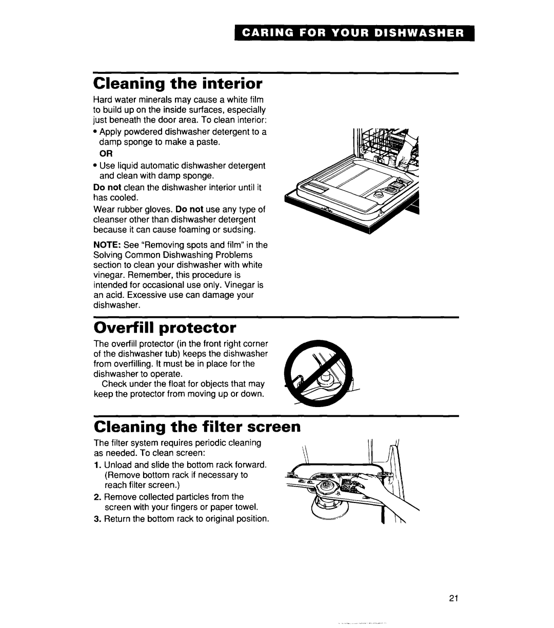 Whirlpool Series 400, 806, 830 warranty Cleaning the interior, Overfill protector, Cleaning the filter screen 