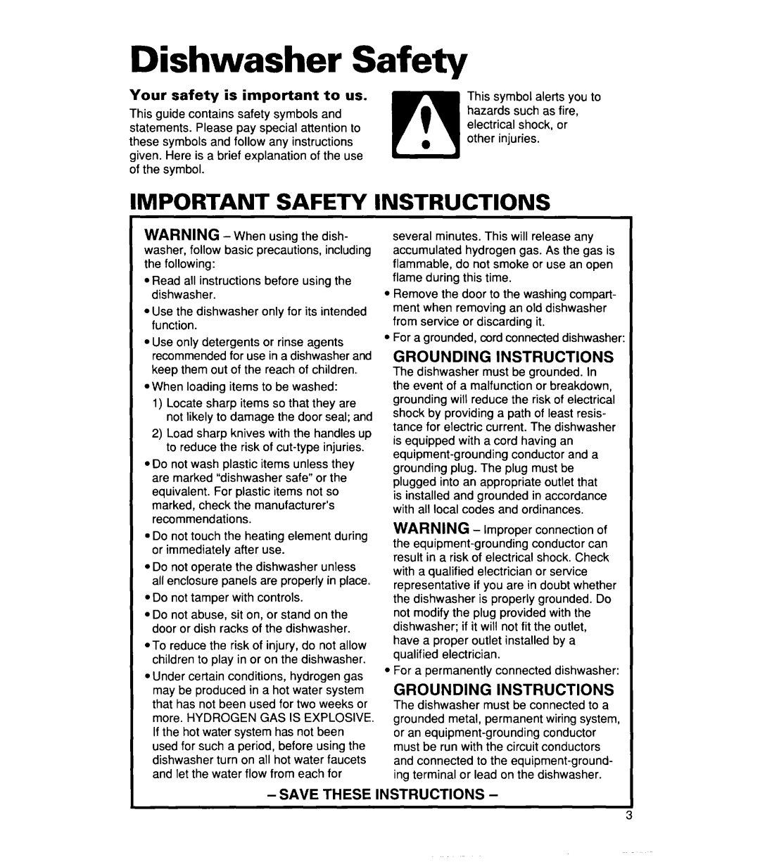 Whirlpool Series 400, 806, 830 warranty Important Safety Instructions, Grounding Instructions, Savethese Instructions 