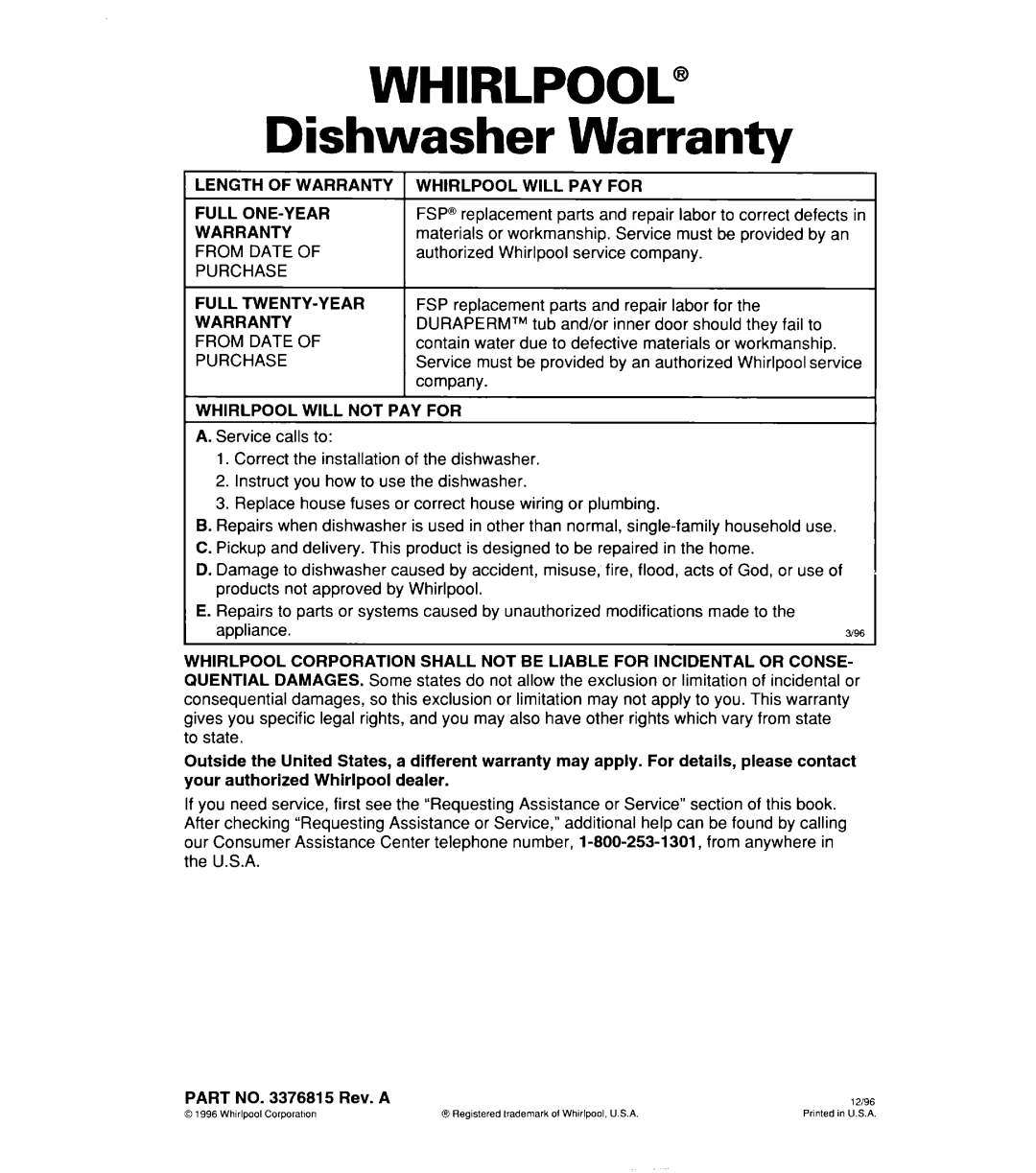 Whirlpool 806, Series 400, 830 warranty Warranty, Whirlpool”, Dishwasher 